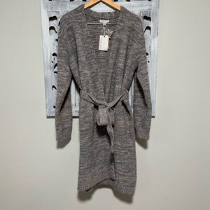 NEW BAREFOOT DREAMS Cozy Chic Heather Pink Clay Gray Marled Tie Midi Robe S